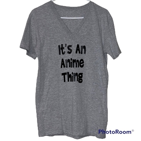 Hobby Lobby gray v neck junior short sleeve tshirt It’s An Anime Thing homemade - Picture 1 of 8